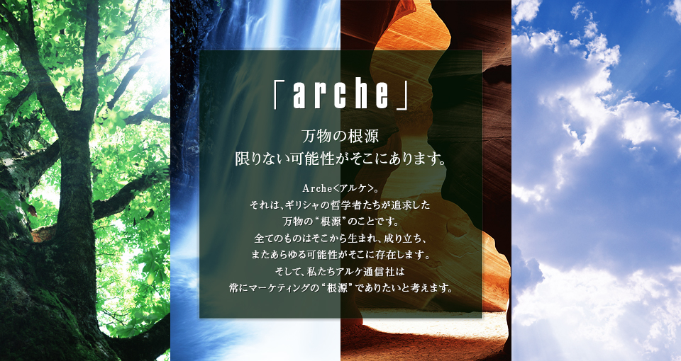 「arche」万物の根源 限りない可能性がそこにあります。 - Arche＜アルケ＞。それは、ギリシャの哲学者たちが追求した万物の“根源”のことです。全てのものはそこから生まれ、成り立ち、またあらゆる可能性がそこに存在します。そして、私たちアルケ通信社は常にマーケティングの“根源”でありたいと考えます。